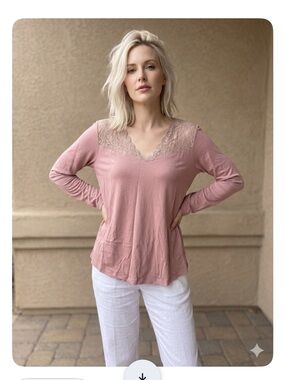 HARNO. Lace-Yoke Long Sleeve Tee in Dusty Rose